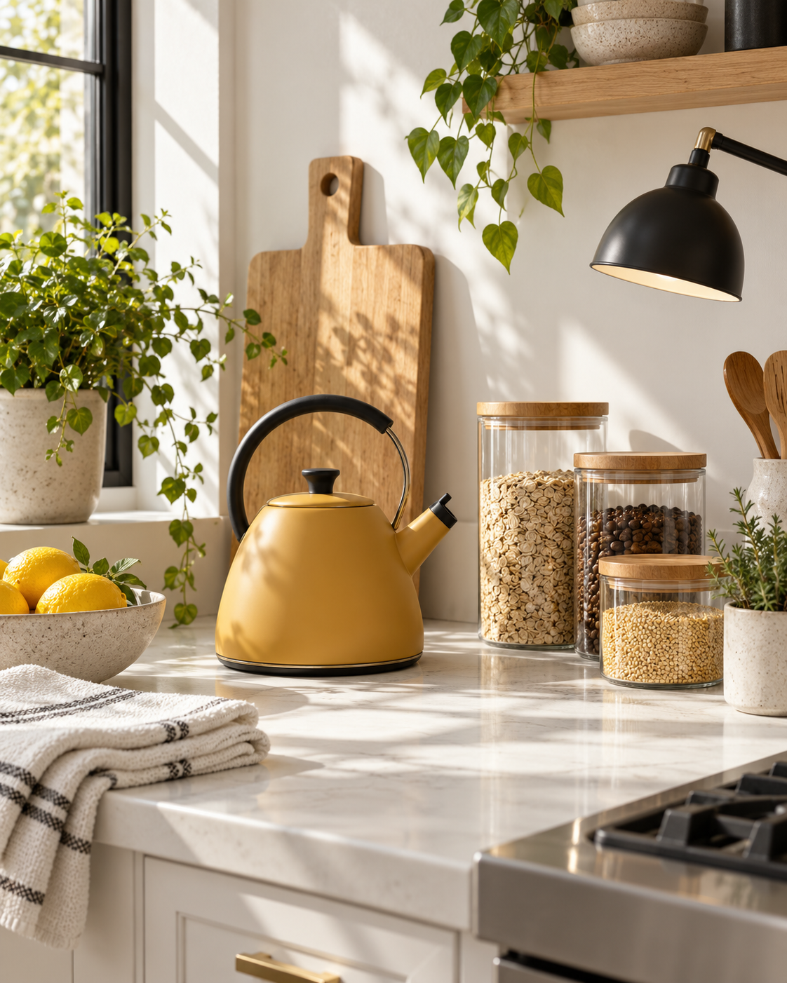 Illustrative kitchen scene with a mustard kettle, storage jars, towels, and a plant